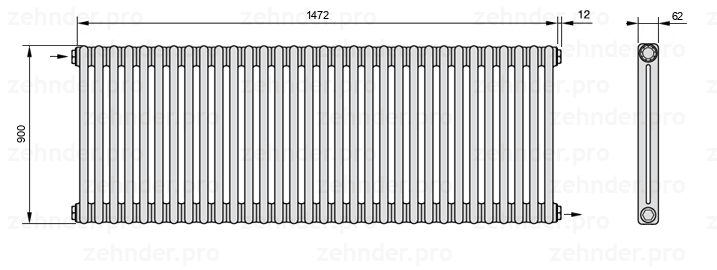 Схема (чертеж) Радиатор Zehnder Charleston 2090/32 №1670 Белый глянцевый RAL 9016